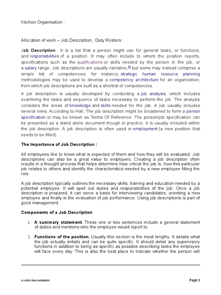 Kitchen Job Descriptions & Specifications | PDF | Chef | Competence ...