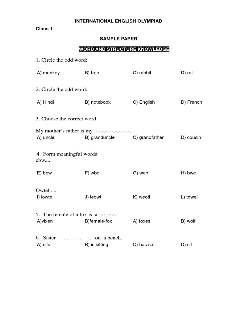 Class 1 English Olympiad Sample Paper | PDF