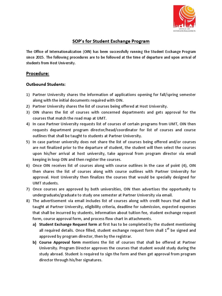 SOPS for Student Exchange Program (Outbound) Travel Visa Course Credit