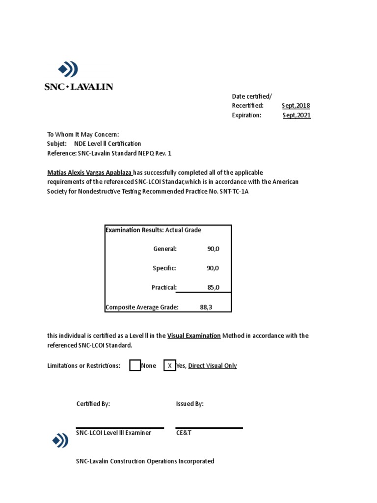 NDE Level II Certification Document | PDF