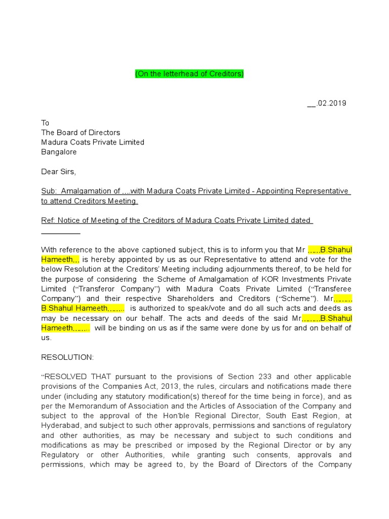 Representation Letter From Creditors | PDF | Board Of Directors ...