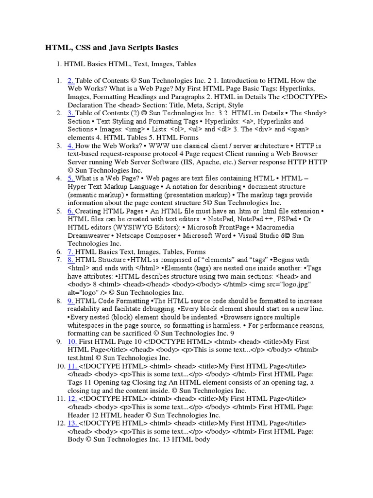 HTML, CSS and Java Scripts Basics | PDF | Html | Html Element
