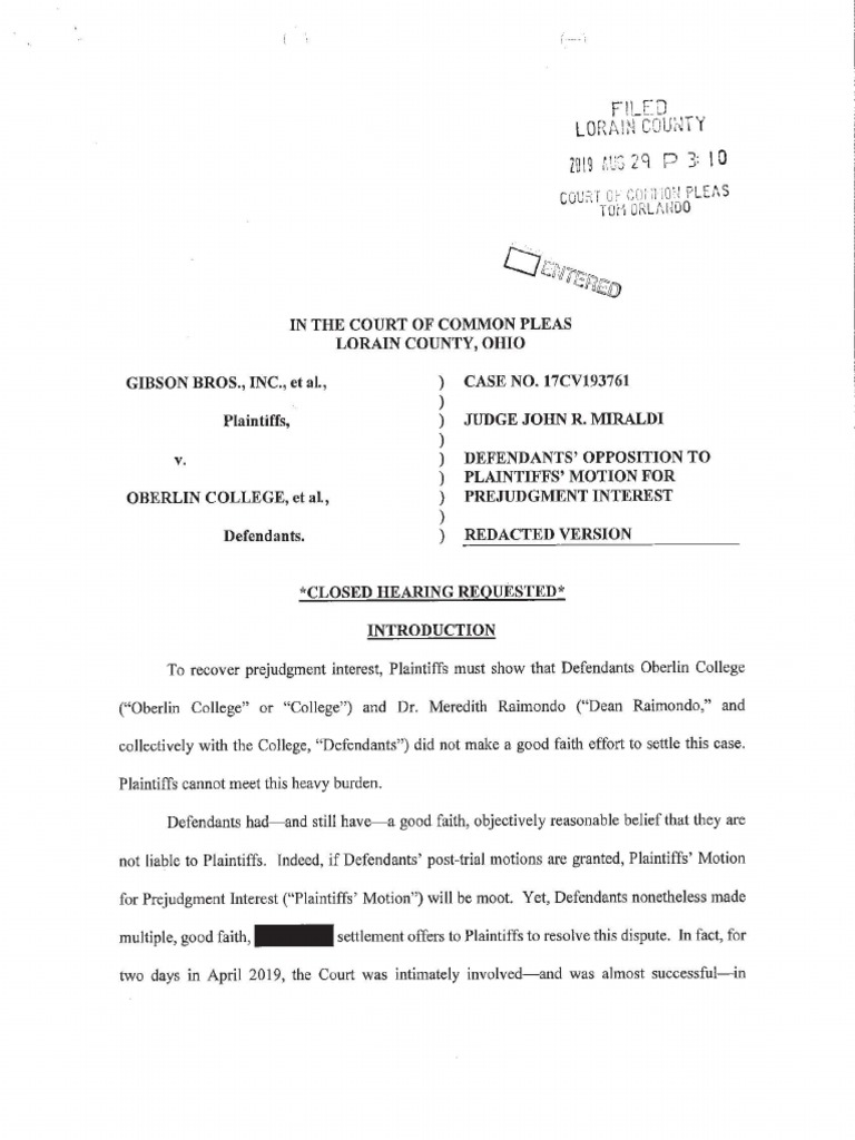 Gibson's Bakery v. Oberlin College Opposition To Motion For