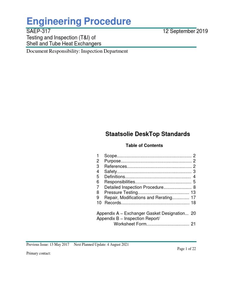 Heat Exchanger Inspection Procedures PDF Leak Heat Exchanger