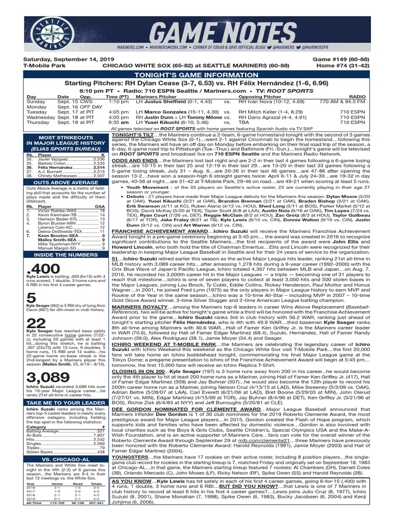 Mariners vs. White Sox Game Preview | PDF | Home Run | Baseball Pitching