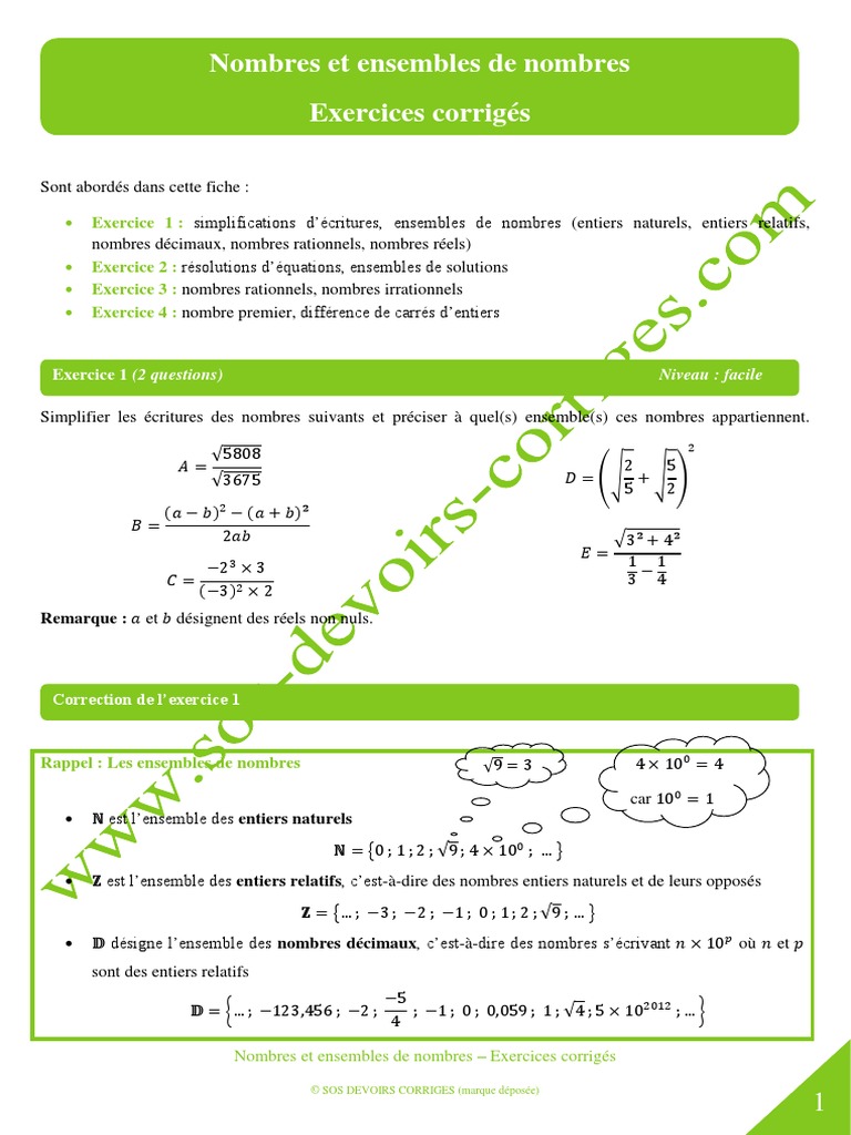 Ensembles De Nombres Seconde Exercices Corrigés Pdf