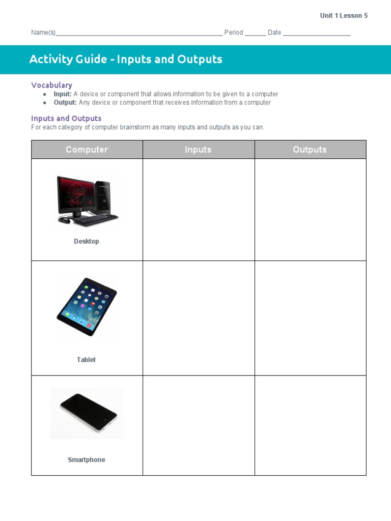 U1L05 Activity Guide Inputs and Outputs Input/Output Tablet Computer