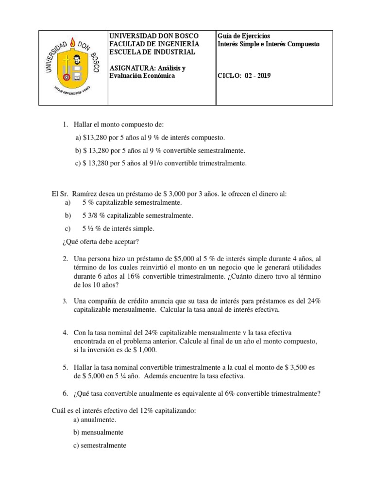 Guia de Ejercicios No. 1 Interés Simple, Compuesto, Tasa Nominal y Tasa ...