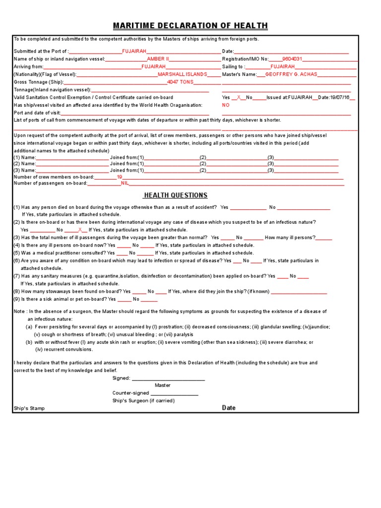 Maritime Health Declaration Form | PDF | Infection | Port