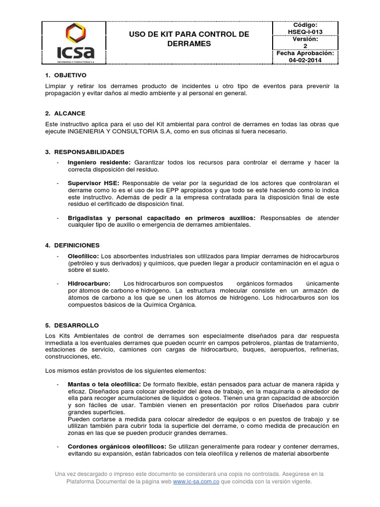 Instructivo para Uso de Kit de Derrames | PDF | Hidrocarburos | Residuos