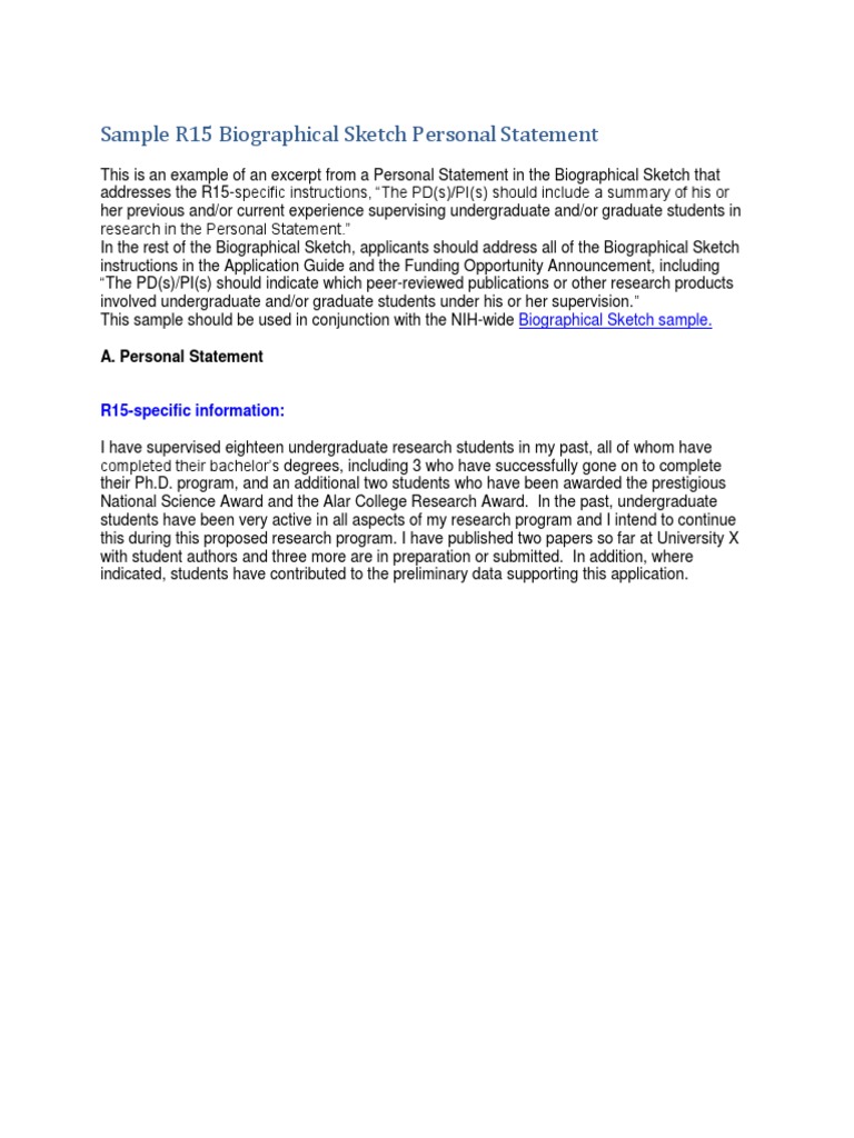 Sample R15 Biographical Sketch Personal Statement for Supervising Students PDF