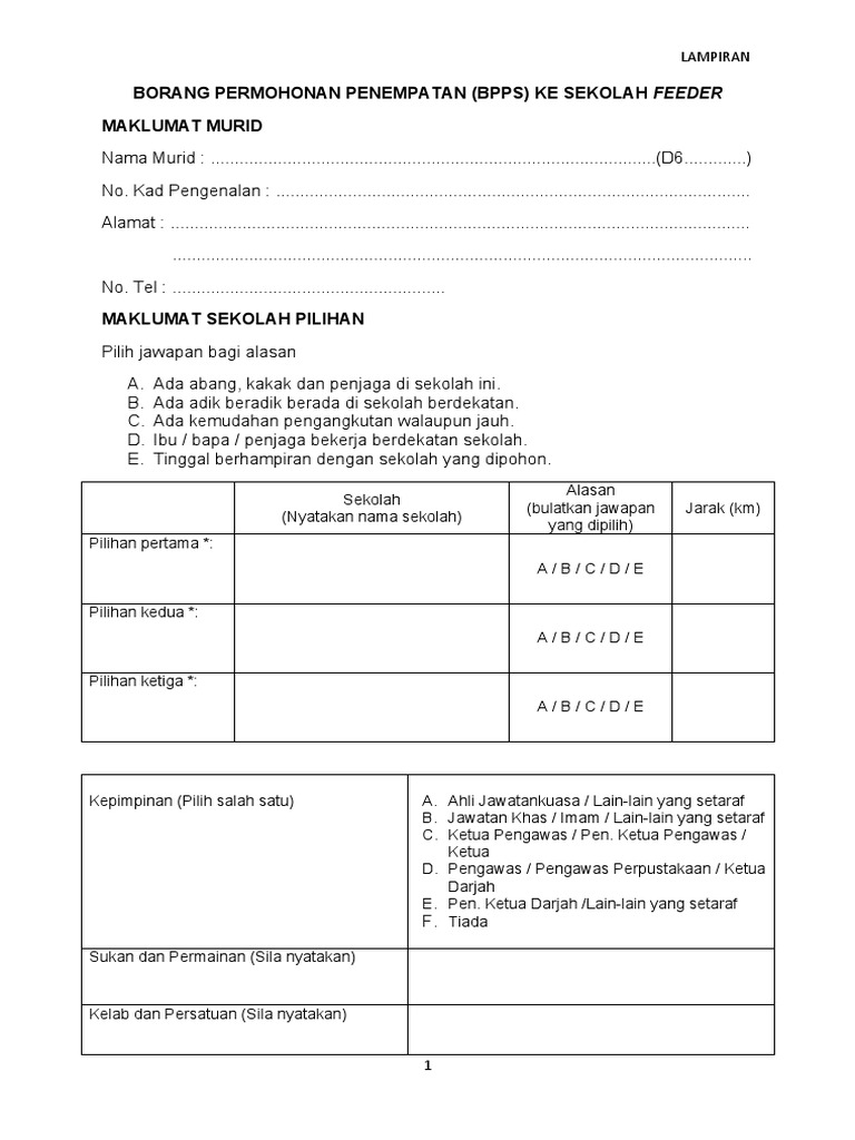 Borang Penempatan Ke Tingkatan 1 Ke Sekolah Feeder Pdf