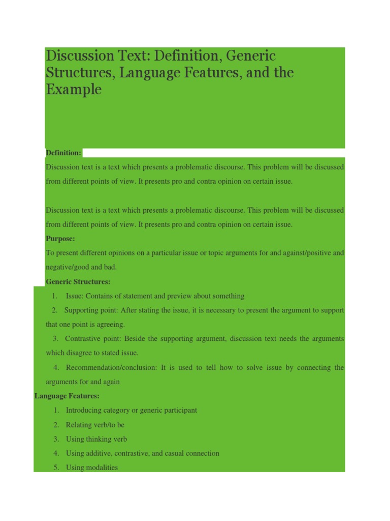 Discussion Text Definition, Generic Structures, Language Features, and