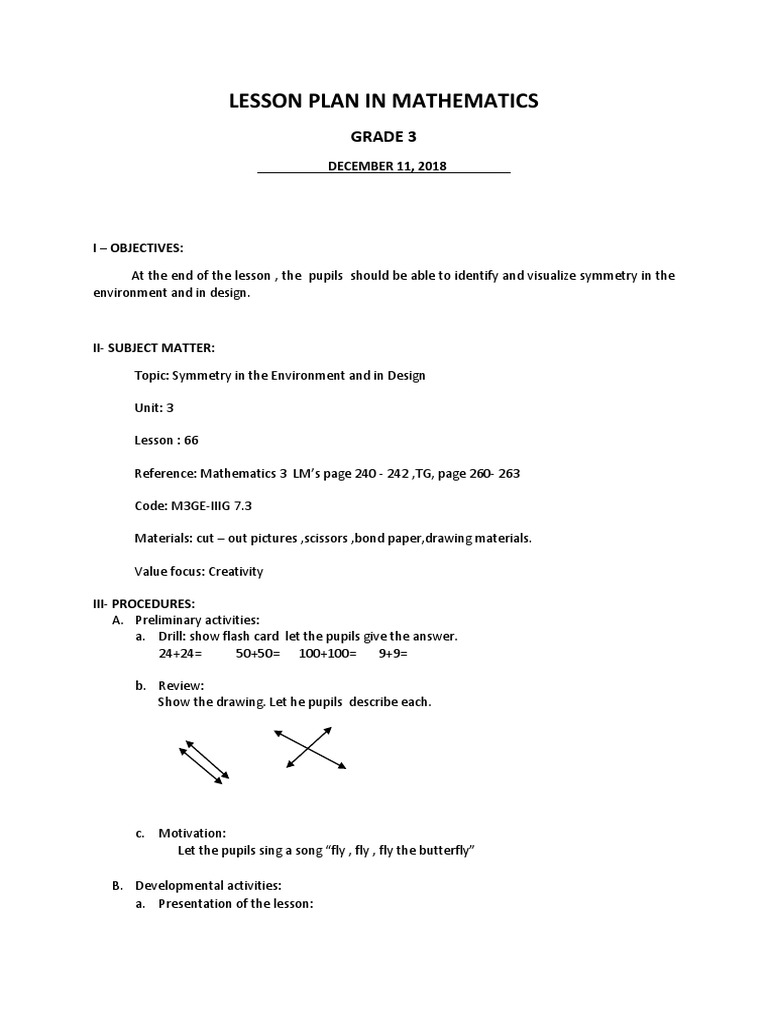 Symmetry in Grade 3 Mathematics Lesson | PDF | Symmetry | Educational ...