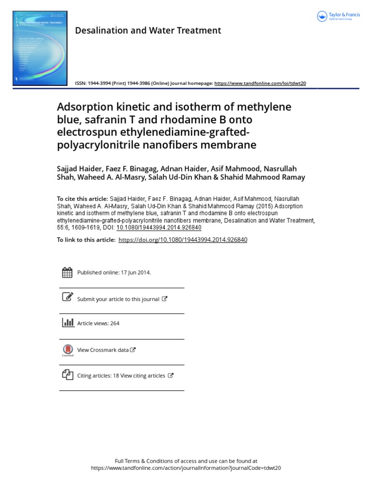 Adsorption Kinetic And Isotherm Of Methylene Blue Safranin T And Rhodamine B Onto Electrospun Ethylenediamine Grafted Polyacrylonitrile Nanofibers Adsorption Diffusion