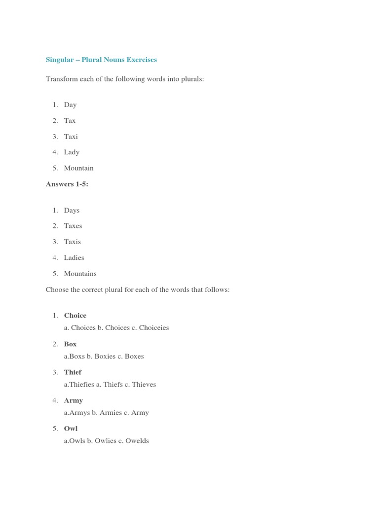 A Comprehensive Guide to Forming Plural Nouns Exercises on