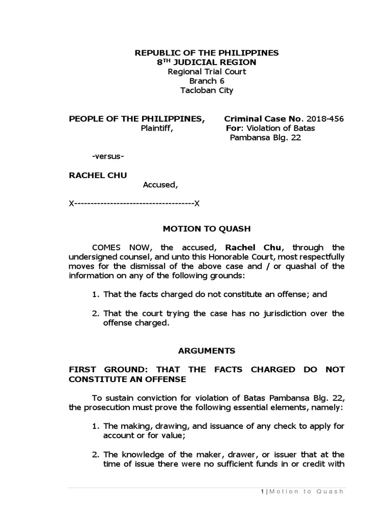 Motion To Quash Sample PDF Element (Criminal Law) Jurisdiction