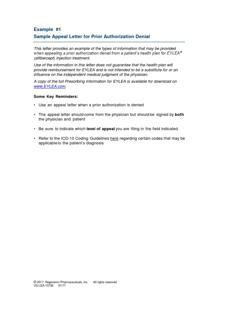Example #1 Sample Appeal Letter For Prior Authorization Denial PDF