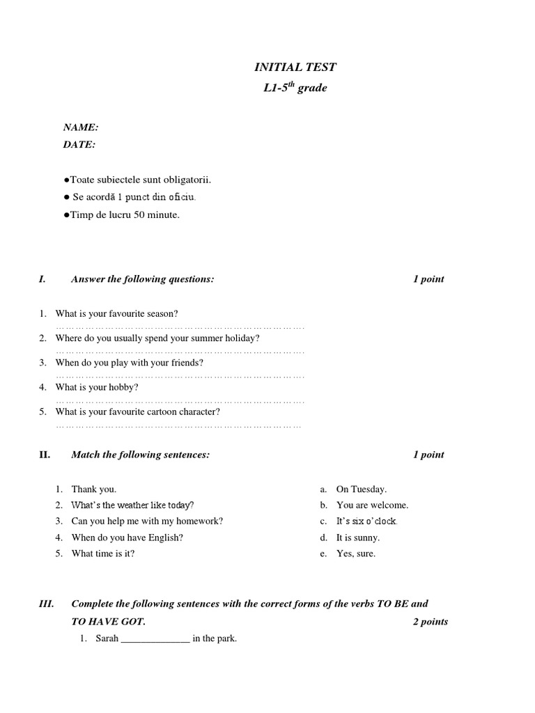 Test Initial Clasa A 5-A Titu 2019 | PDF | Syntax | Linguistic Typology