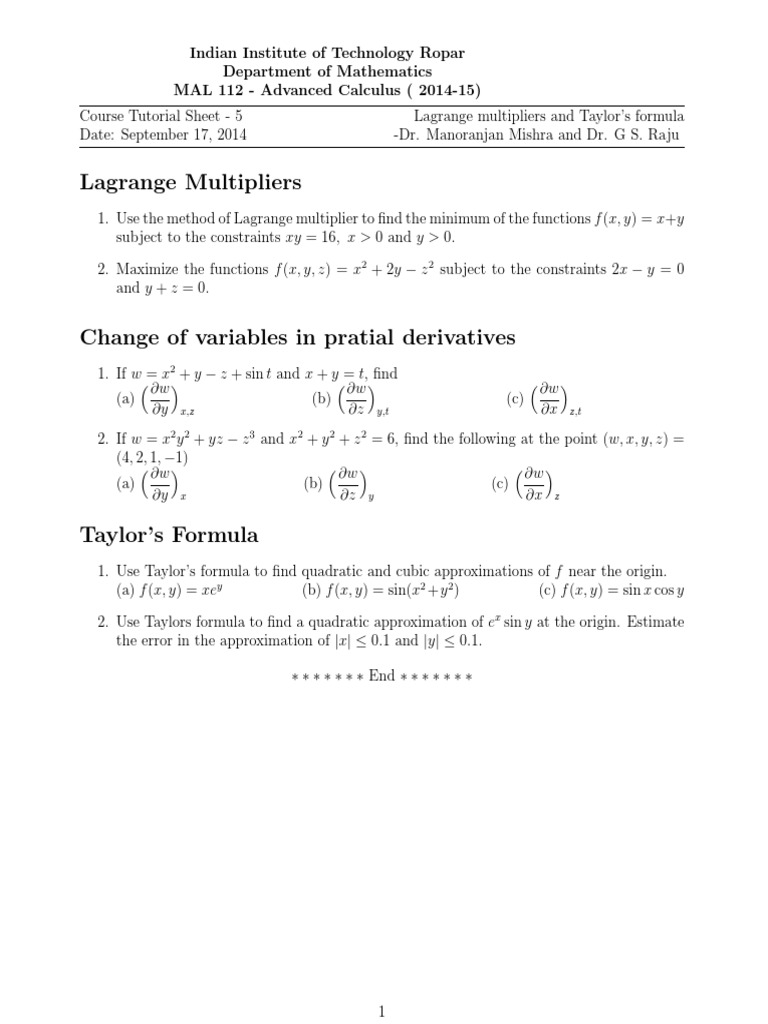 Advanced Calculus Tutorial: Lagrange & Taylor | PDF