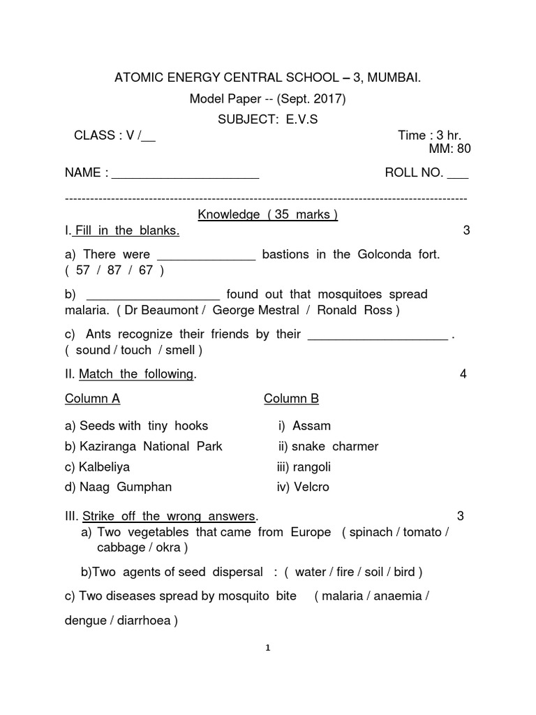 Class 5 EVS Model Question Paper | PDF | Taste | Digestion