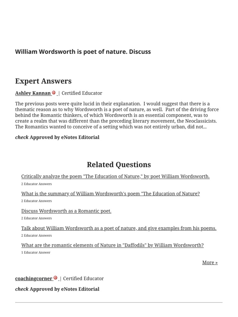 William Wordsworth Is Poet of Nature. Discuss ENotes PDF William