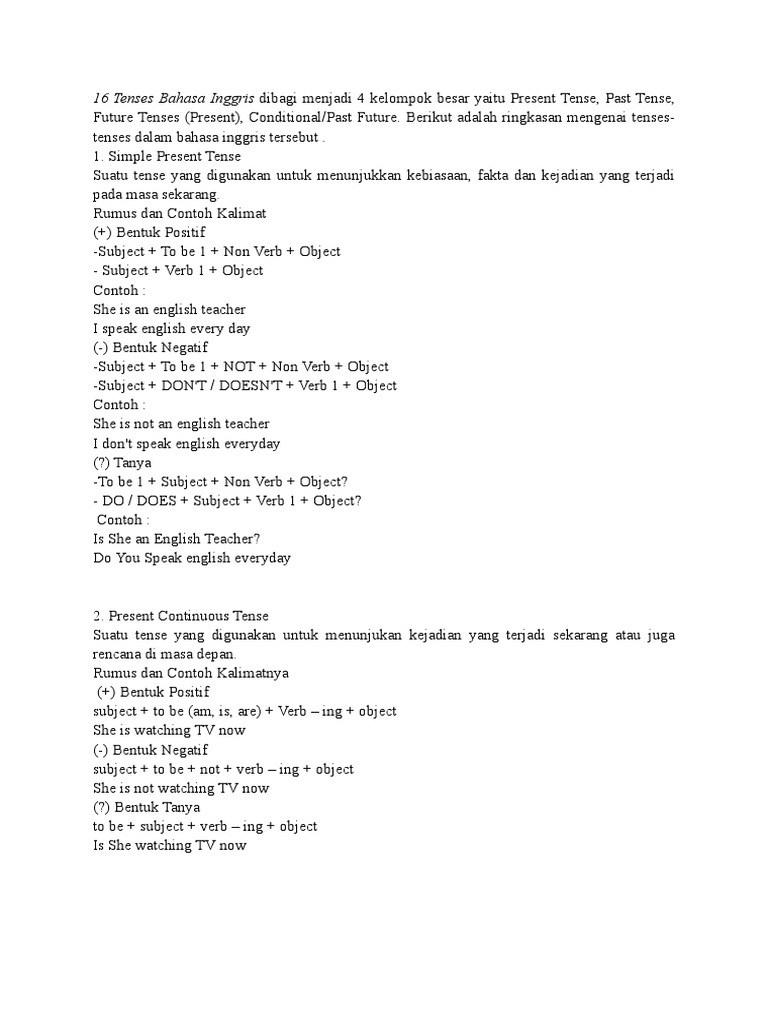 16 Tenses Bahasa Inggris Pdf Grammatical Tense Verb