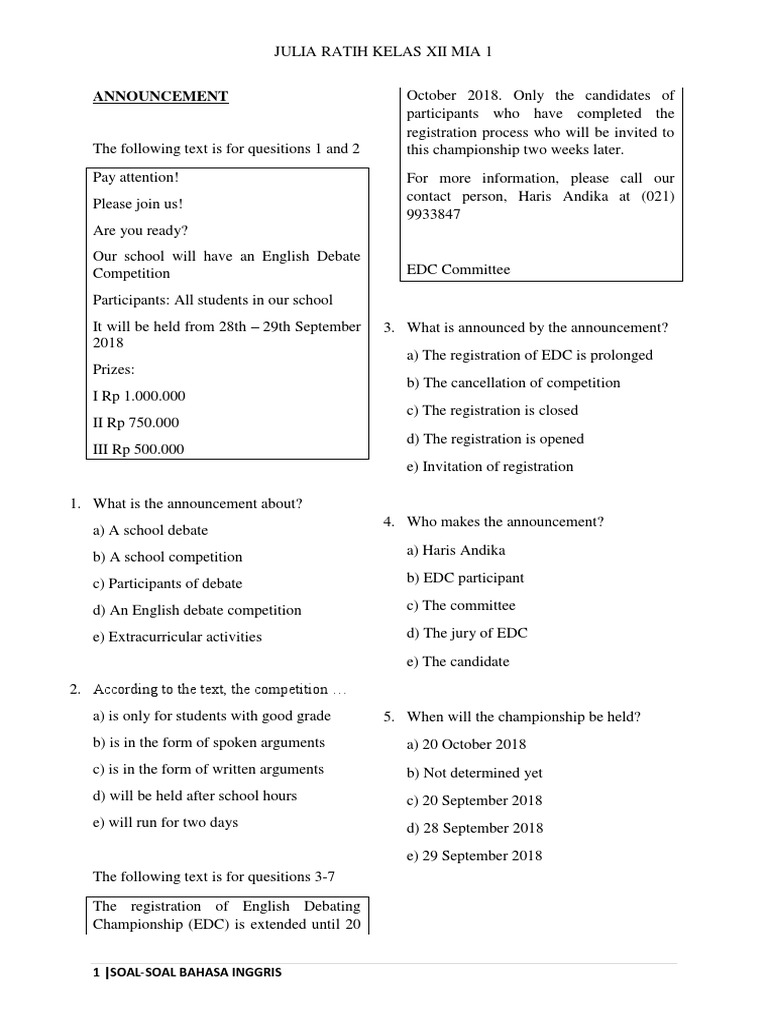 Kumpulan Soal Soal Annoncement