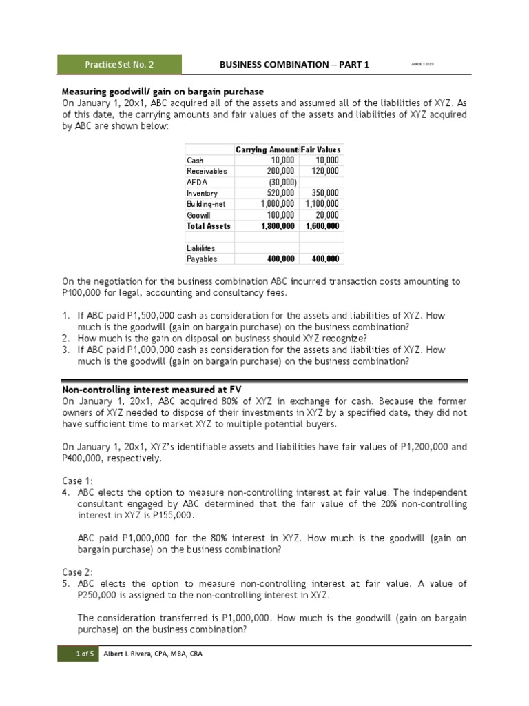 Measuring Goodwill/ Gain On Bargain Purchase Practice Set No. 2