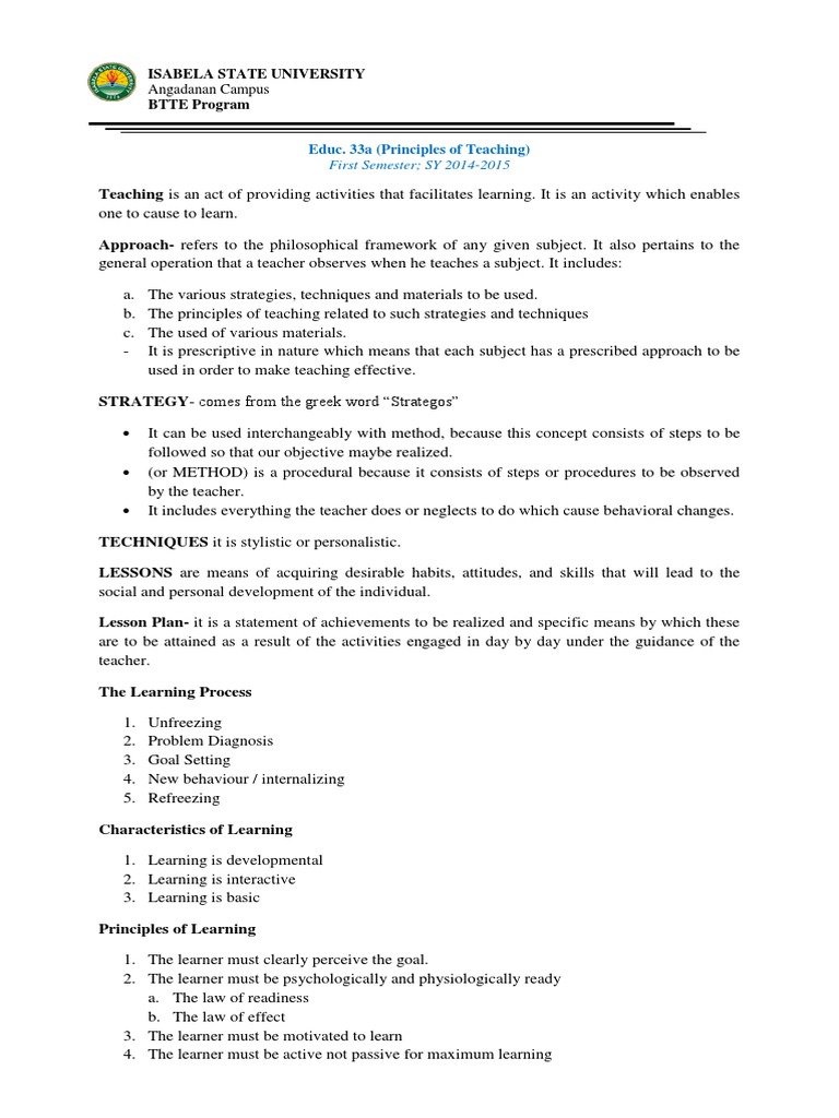 Lecture On Principles of Teaching | PDF | Learning | Teachers
