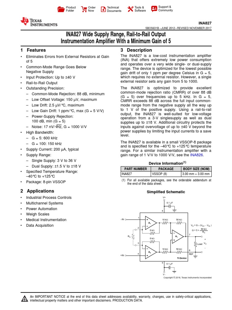 INA827 Wide Supply Range, Rail-to-Rail Output Instrumentation Amplifier ...
