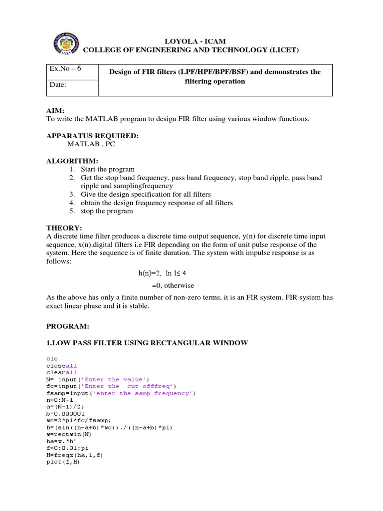 FIR Filter Design Using MATLAB | PDF | Digital Signal Processing ...