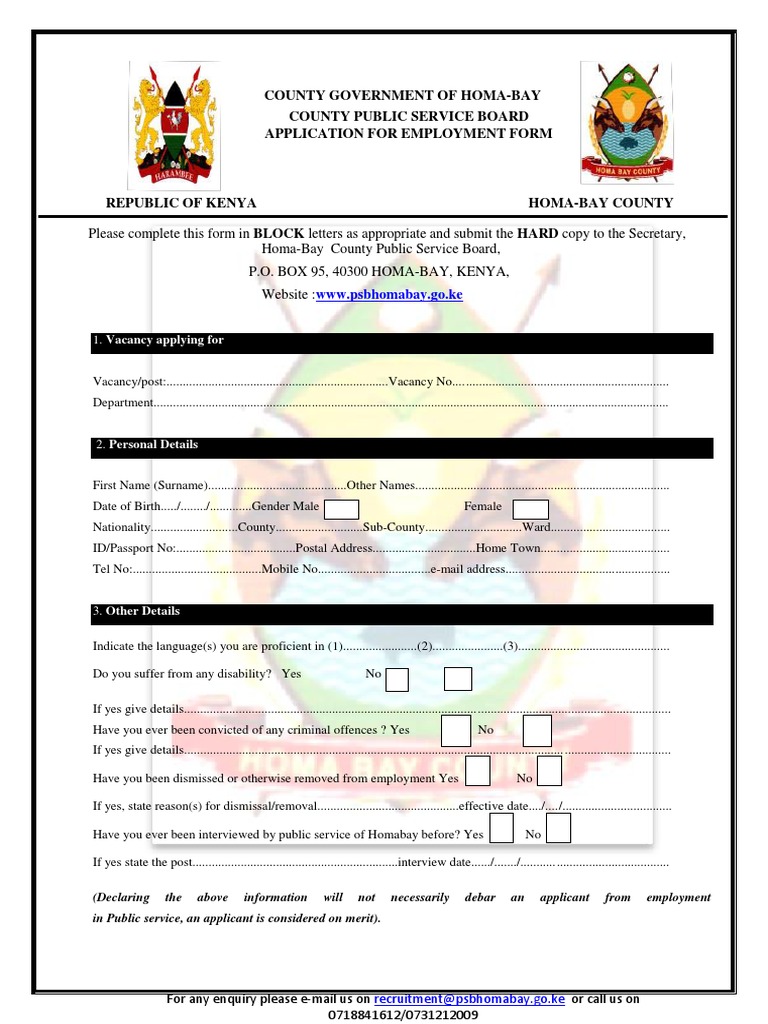 County Public Service Board Application For Employment Form: WWW -  Psbhomabay.go - Ke | PDF