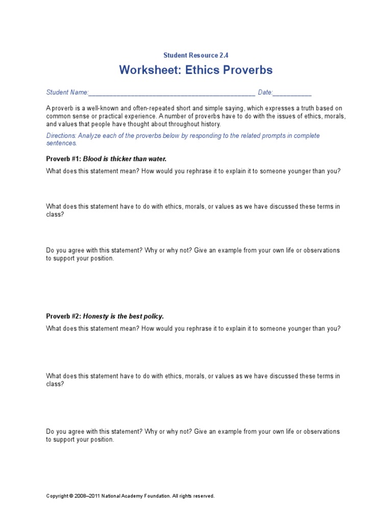 Lesson 2 Worksheet Ethical Proverbs | PDF | Proverb | Morality