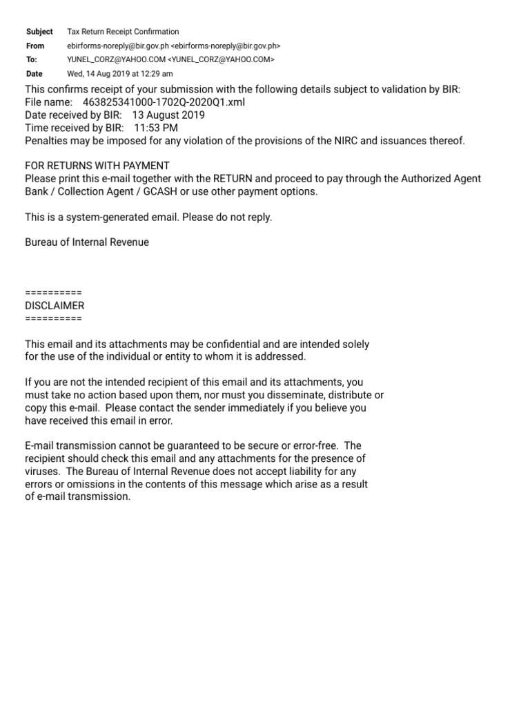 Tax Return Submission Confirmation Email | PDF | Business | Finance ...