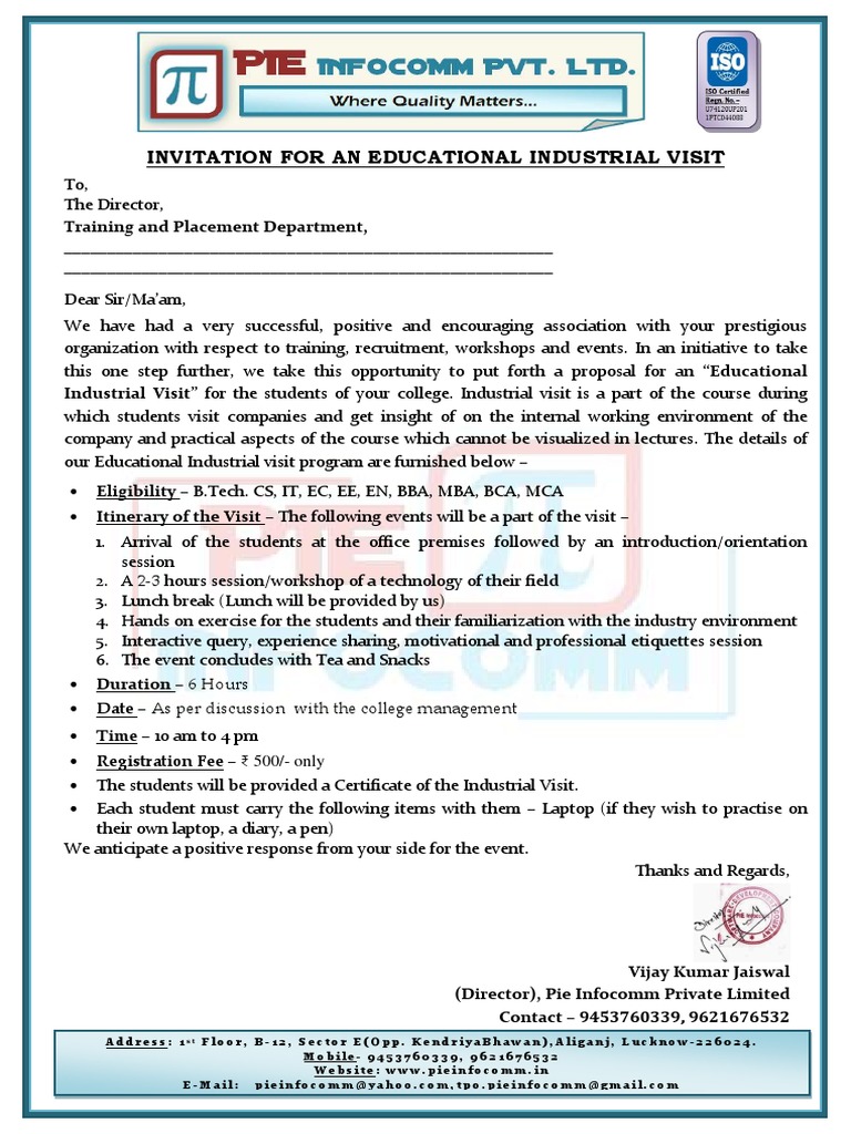 Industrial Visit Letter PDF Learning