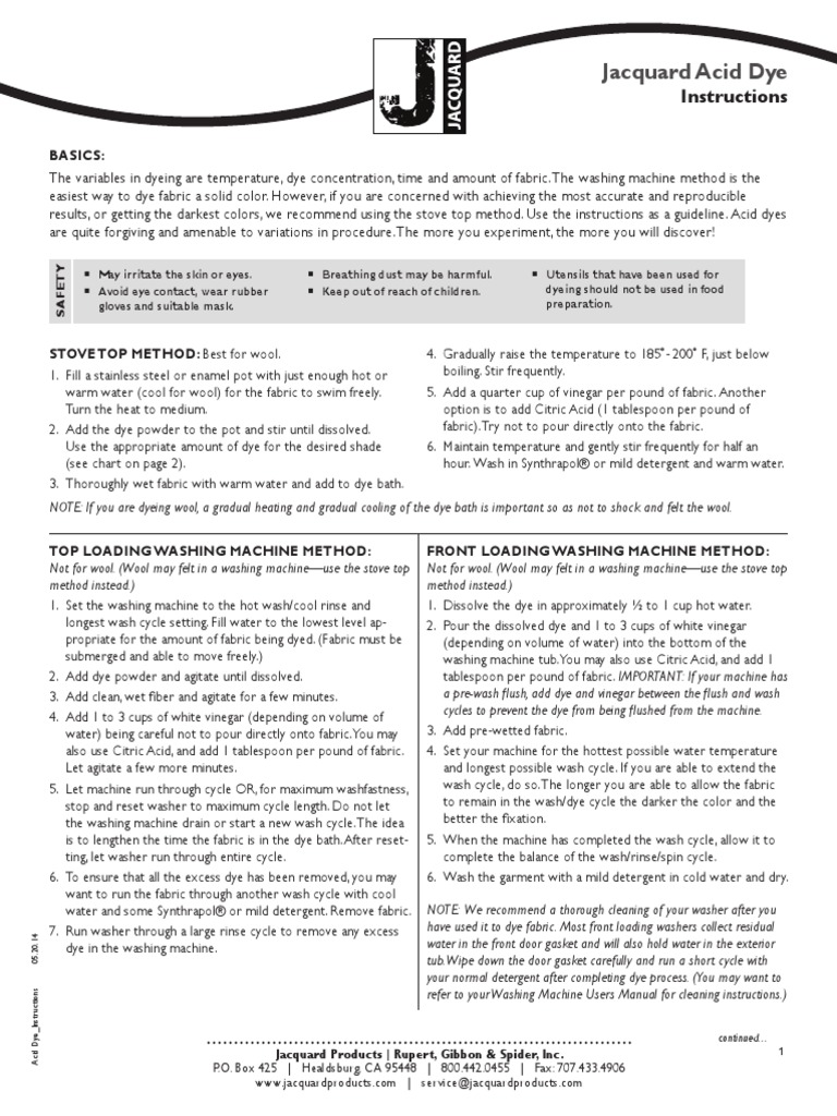 Jacquard Acid Dye Instructions PDF Washing Machine Dye