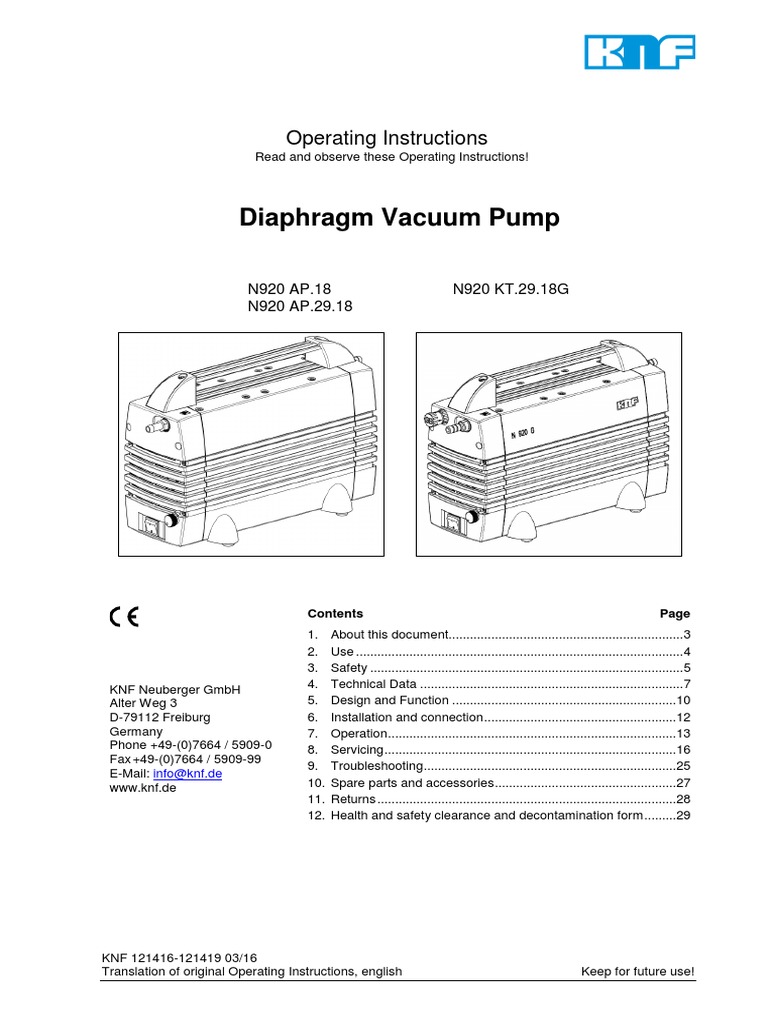 Diaphragm Vacuum Pump Operating Instructions PDF Pump Vacuum