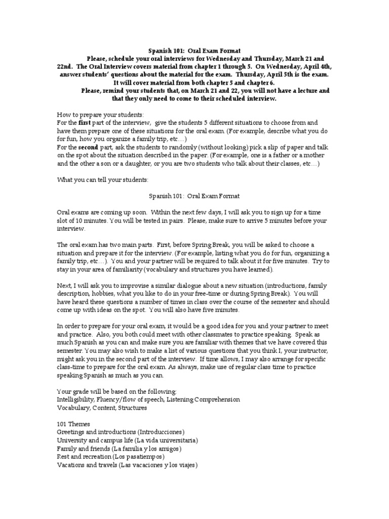 Spanish 101 Oral Exam Preparation Guide | PDF | Test (Assessment ...