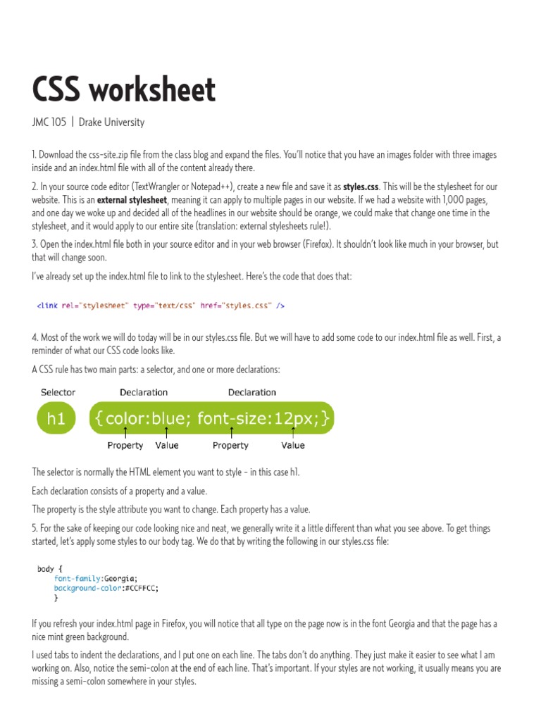 CSS Worksheet: JMC 105 - Drake University | PDF | Cascading Style ...