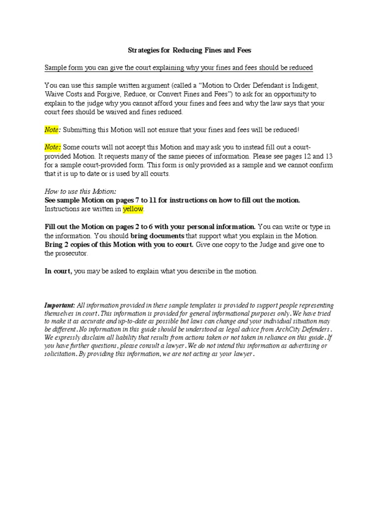 Motion for Fee Reduction Due to Indigence | PDF | Fine (Penalty) | Alimony