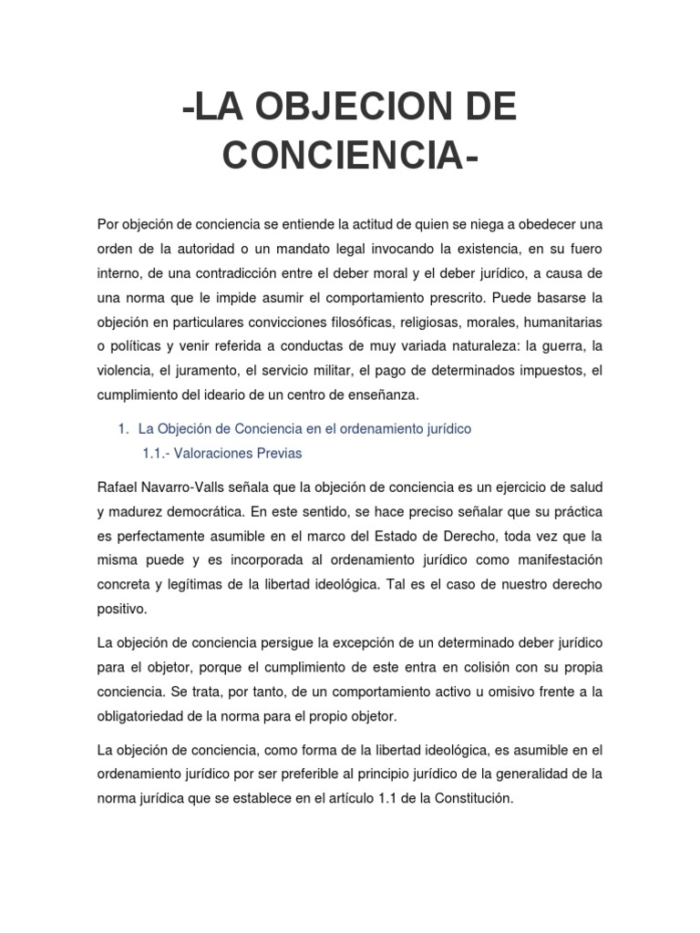 La Objecion de Conciencia PDF Objetor de conciencia Caso de ley