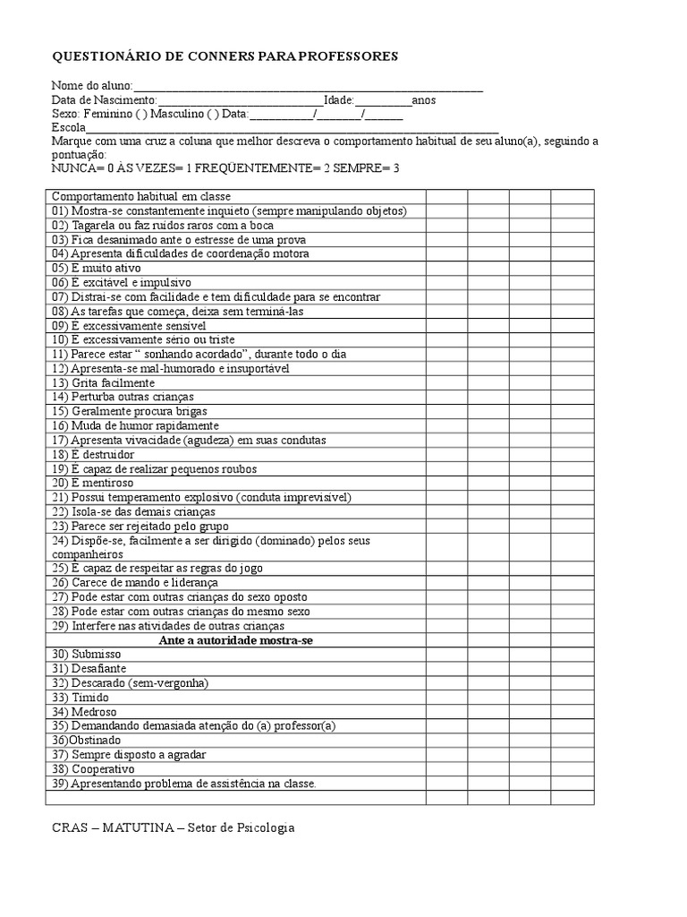 Questionário de Conners para Professores | PDF