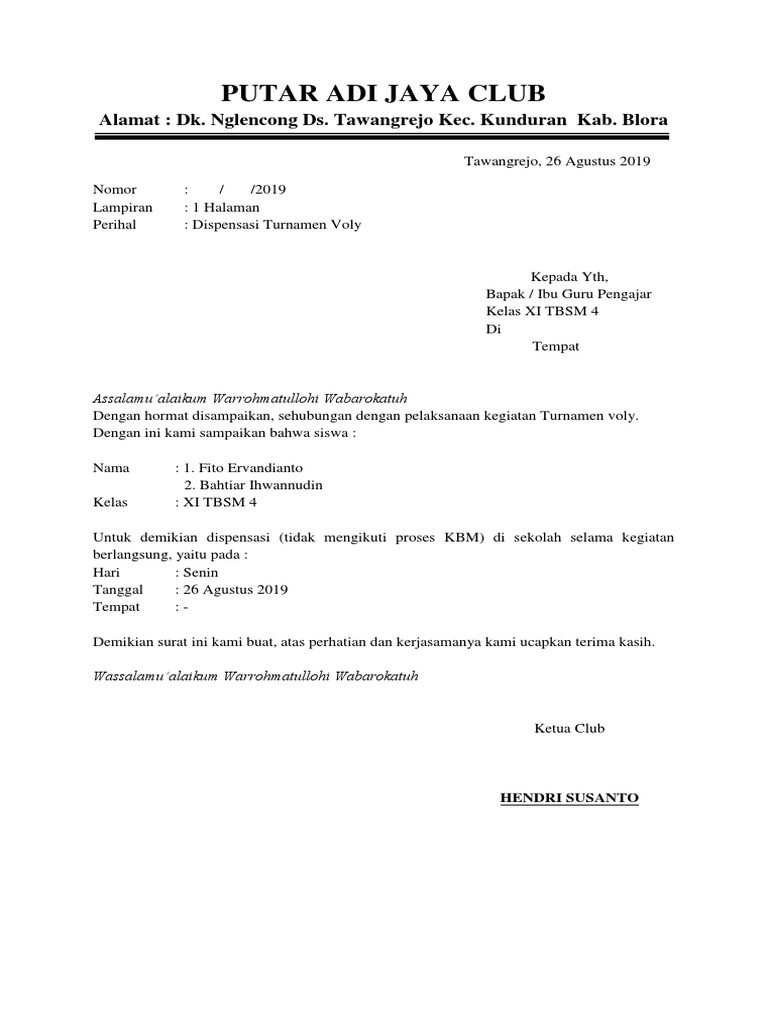 Contoh Surat Dispensasi