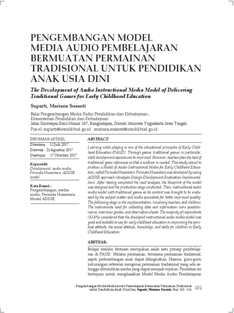 PENGEMBANGAN MODEL MEDIA AUDIO PEMBELAJARAN BERMUATAN PERMAINAN - Jurnal Pengembangan Model Pembelajaran Permainan Tradisional Sukoco