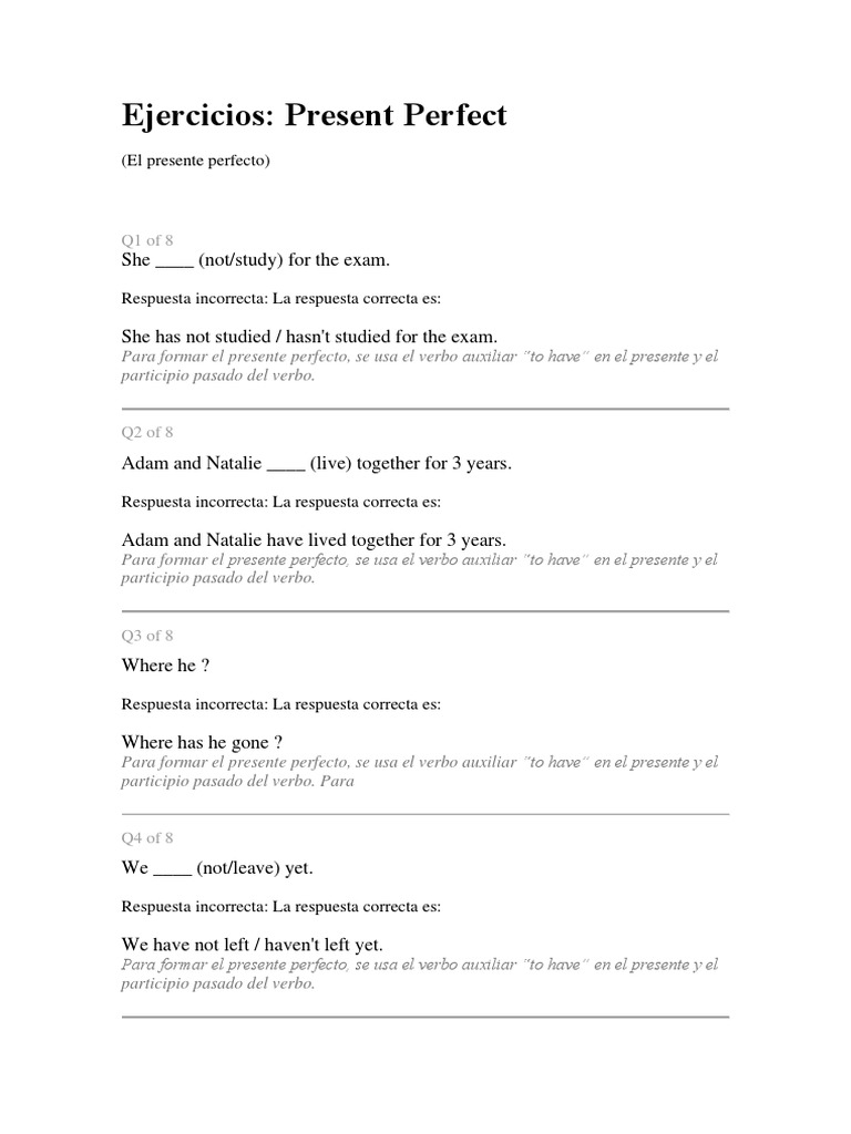 Ejercicios de Presente y Pasado Perfecto | PDF | Tipología Lingüística ...