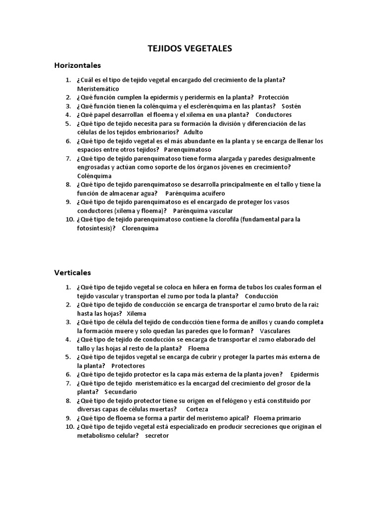 crucigrama tejidos vegetales | Tallo de la planta | Plantas | Prueba