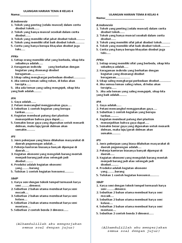 Ulangan Harian Tema 8 Kelas 4