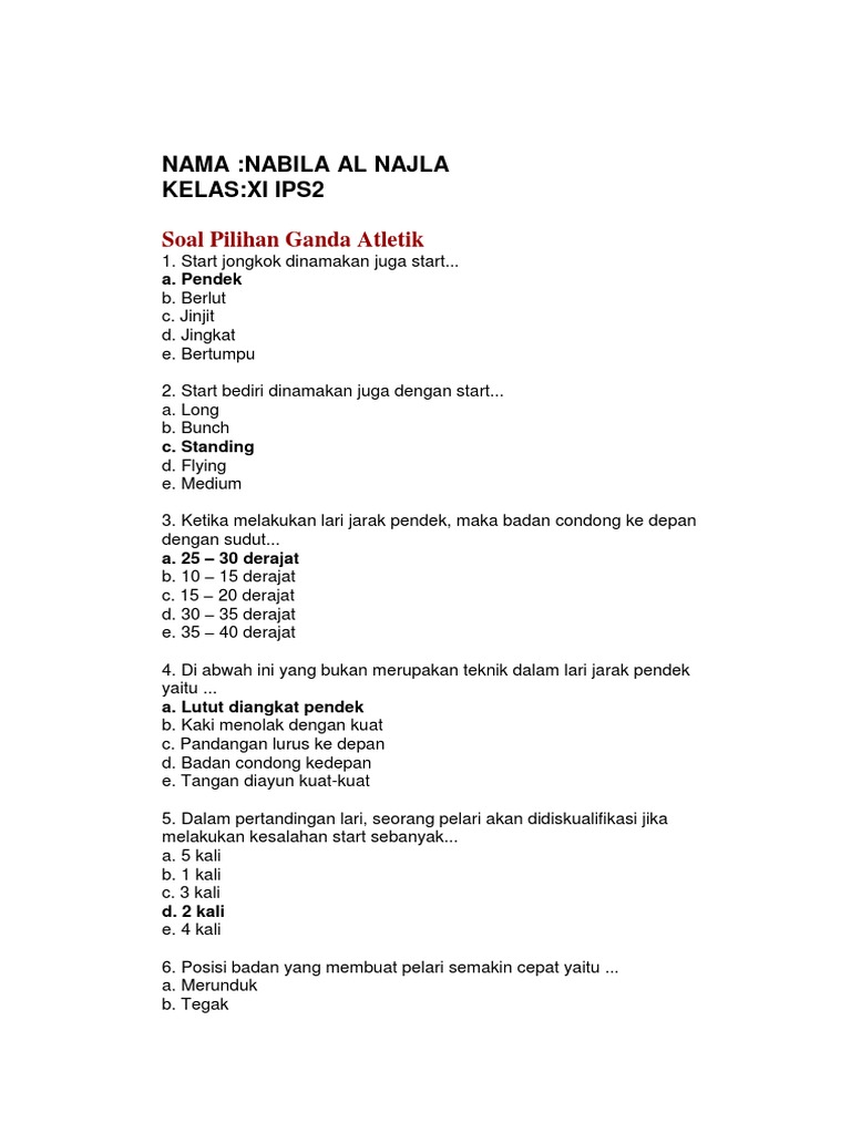 Soal Pilihan Ganda Atletik Bila
