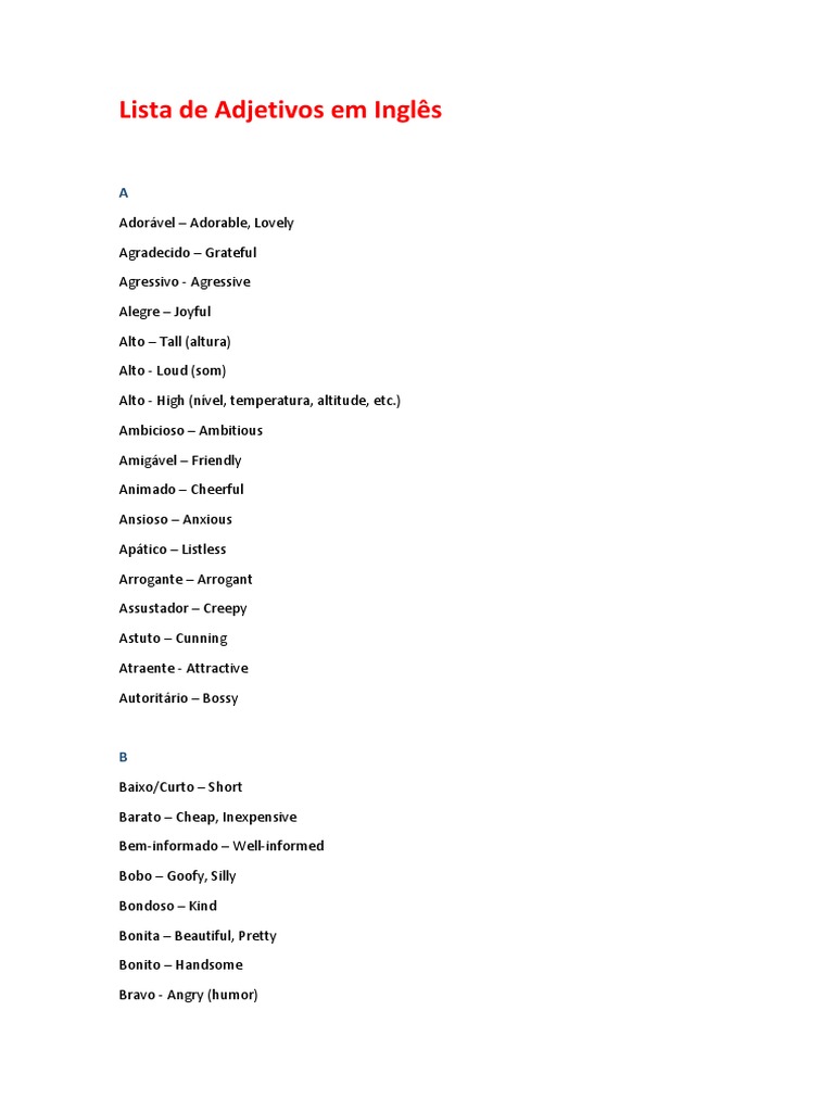 Lista de Adjetivos em Inglês com Tradução | PDF